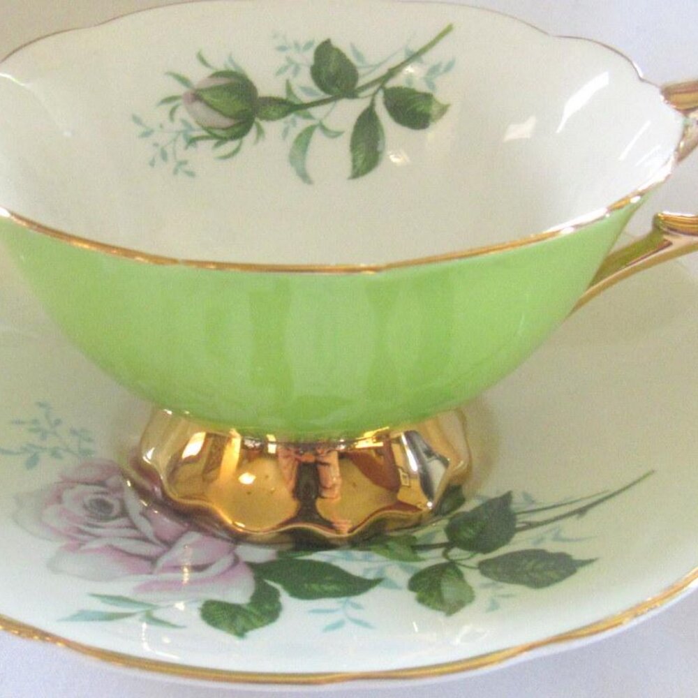 Royal Stafford Tea Cup and Saucer, Lime Green White Rose, Heavy Gold Gilt   D111